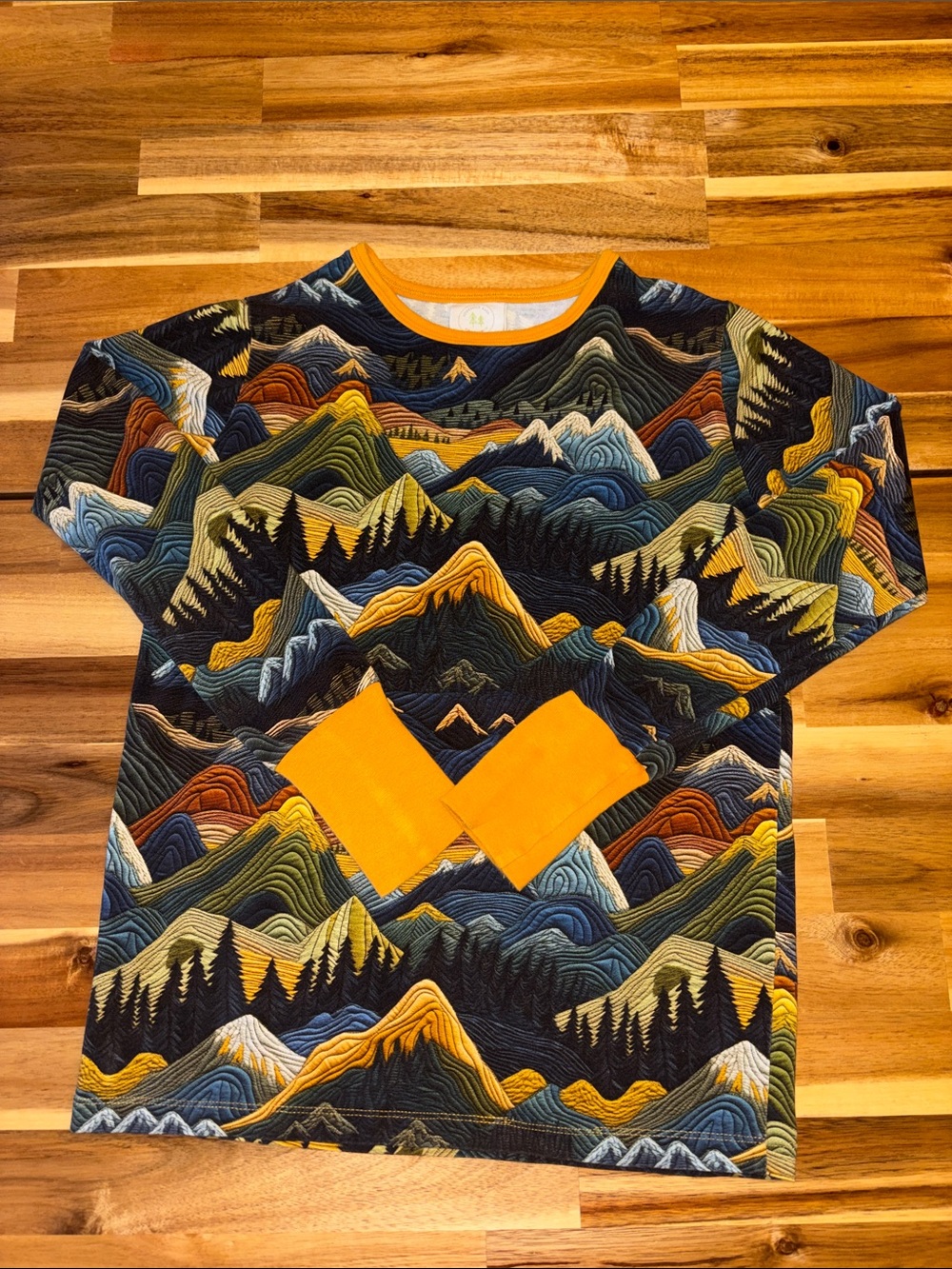 Uddevalla Barn Kids Mountain-Print Long Sleeve Tee with Yellow Accents